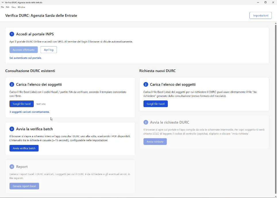 DURC App: signing in to the INPS portal and loading the list of entities to check