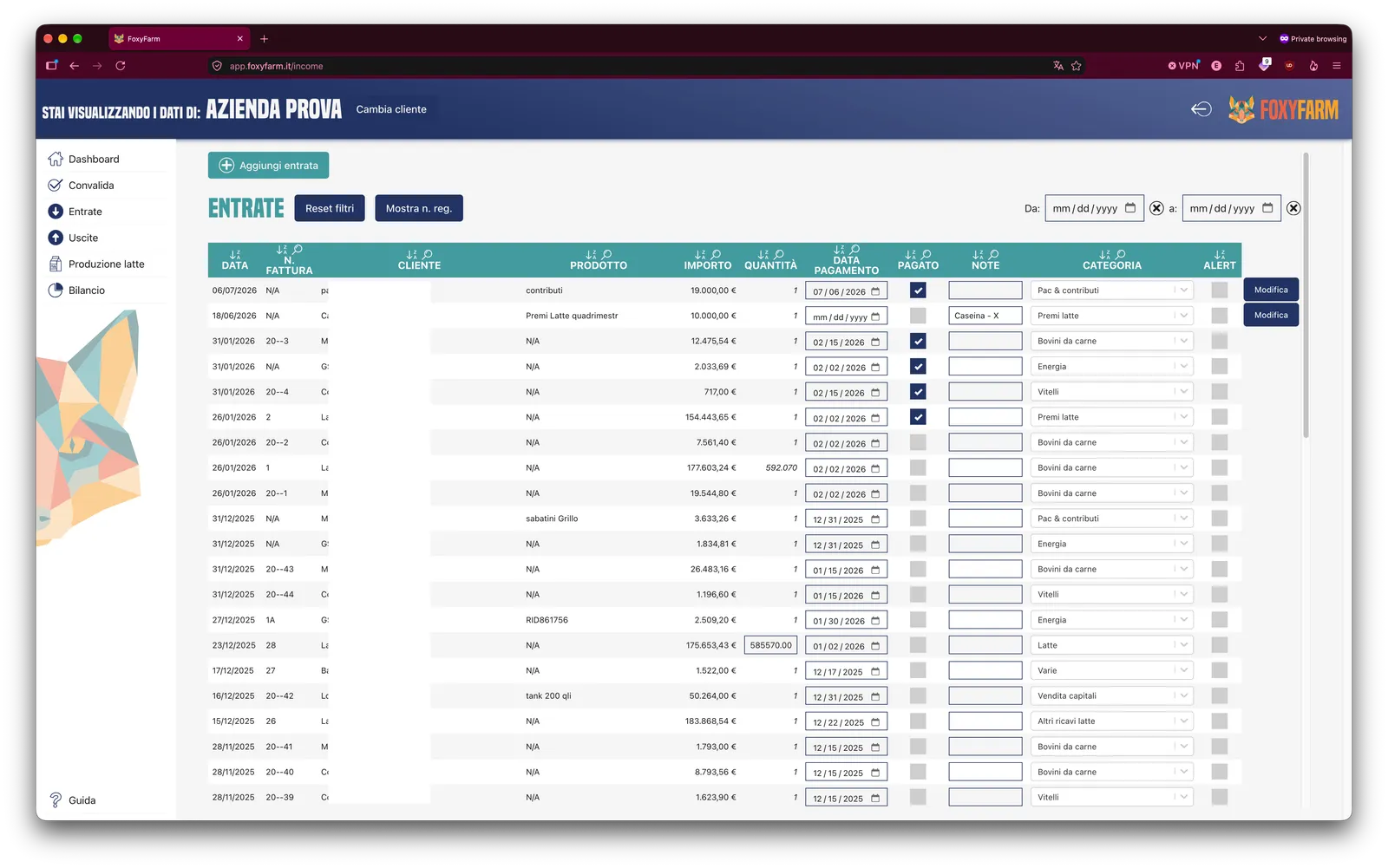 FoxyFarm back-office: income list with filters and categories