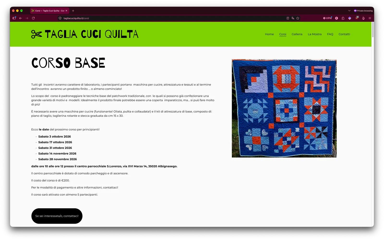 tagliacuciquilta.it courses page: the beginner course